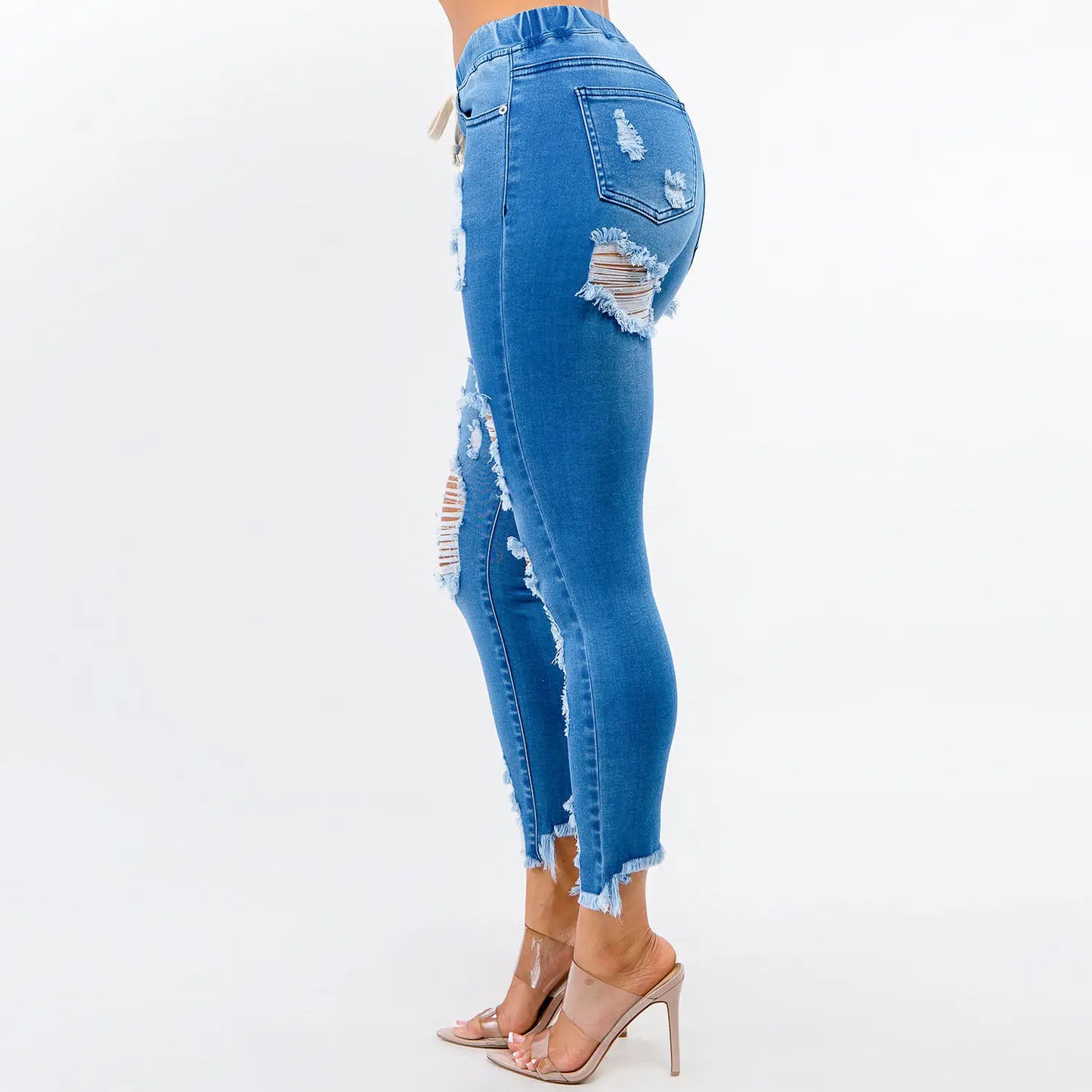 (S-3x) High Waist Frayed Denim Joggers