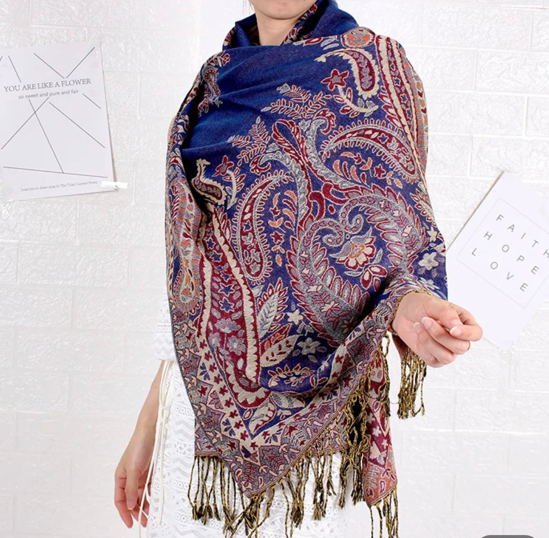 Blue Paisley Multicolored Pashmina Scarf (with gift box)