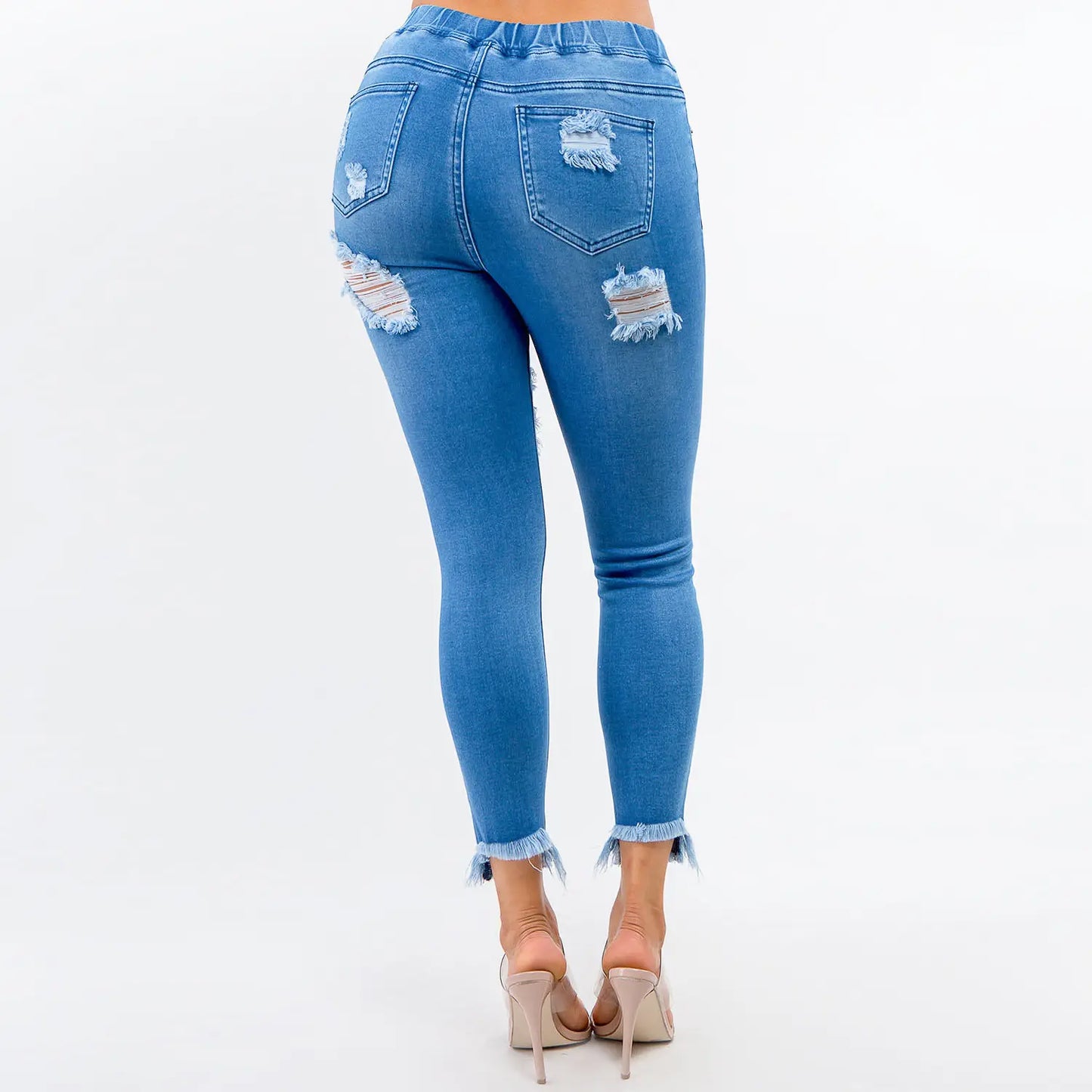 (S-3x) High Waist Frayed Denim Joggers