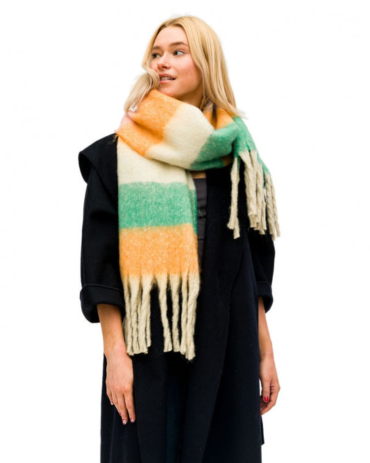 Green Mustard and Ivory Striped Fringed Blanket Scarf