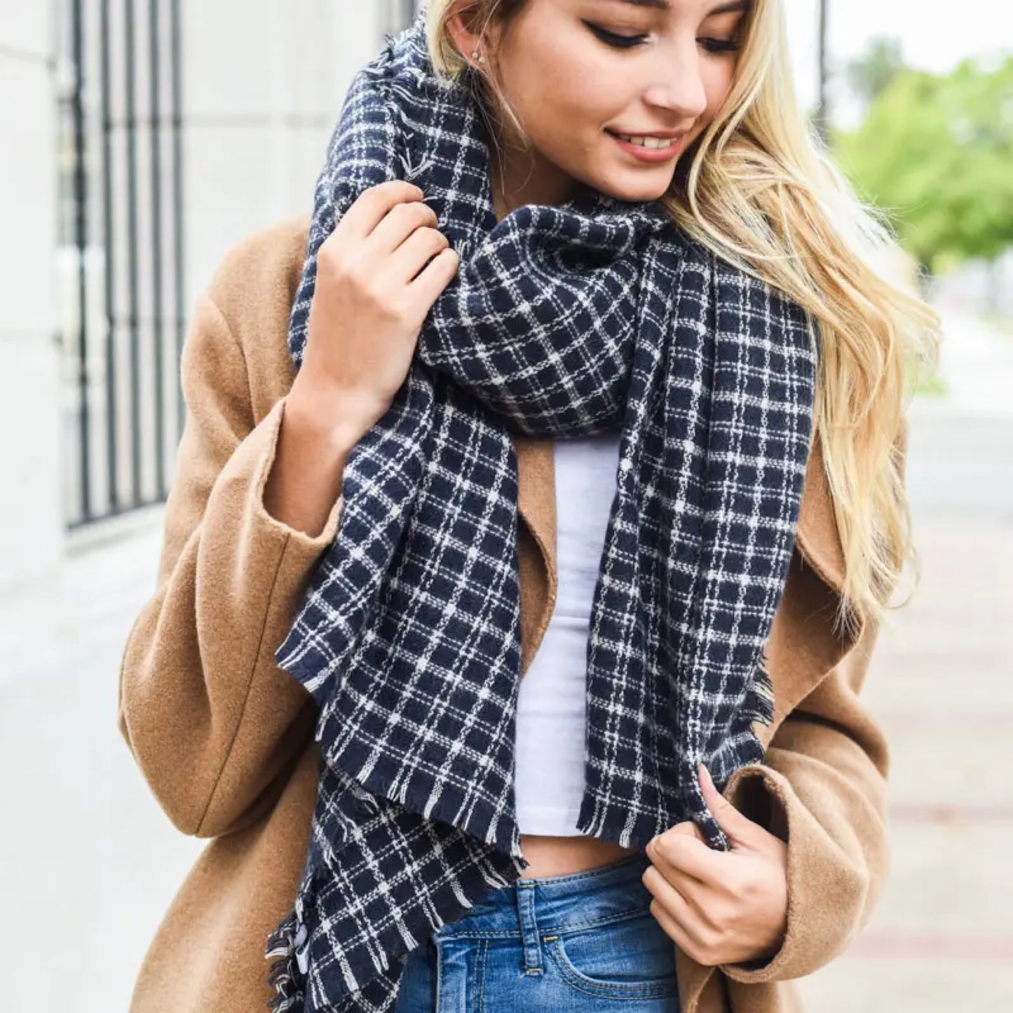 Navy Plaid Layering Scarf