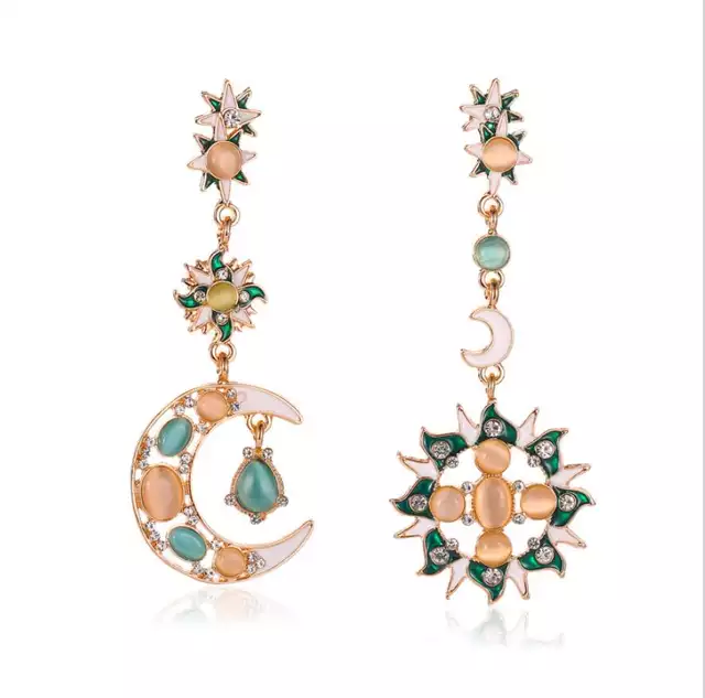 Sun Moon and Stars Green Gold and White Earrings