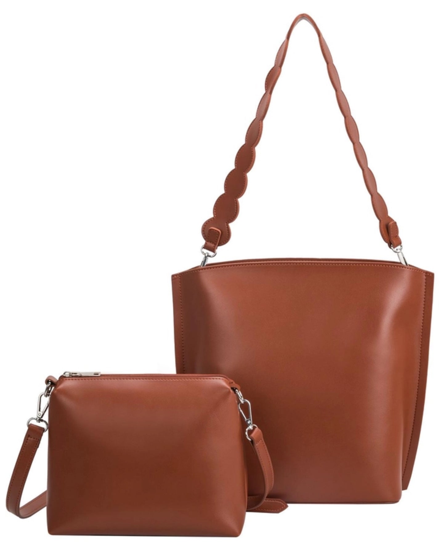 Madison Bucket Tote in Brown with Lettuce Cut Strap