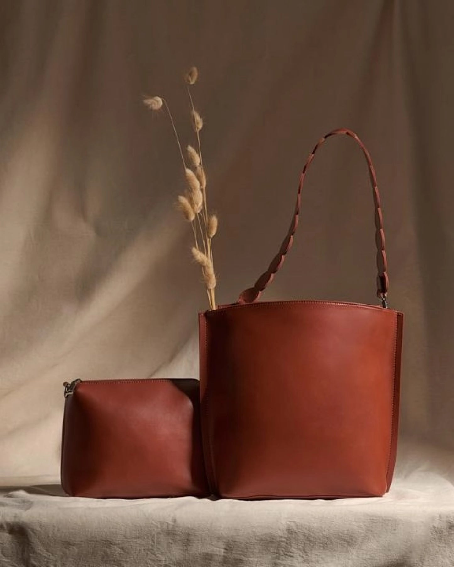 Madison Bucket Tote in Brown with Lettuce Cut Strap