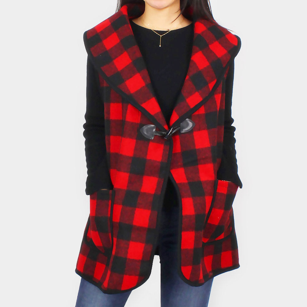 Belted Tartan Buffalo Plaid Vest Jacket with Pockets
