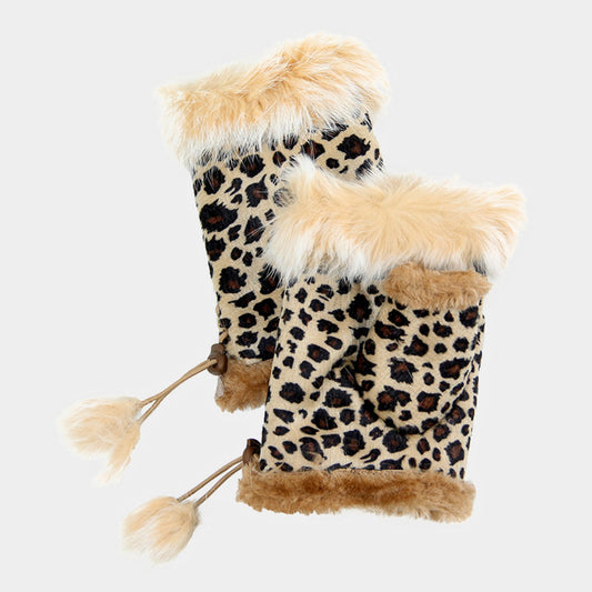 Leopard and Beige Faux Fur Trimmed Fingerless Knit Gloves