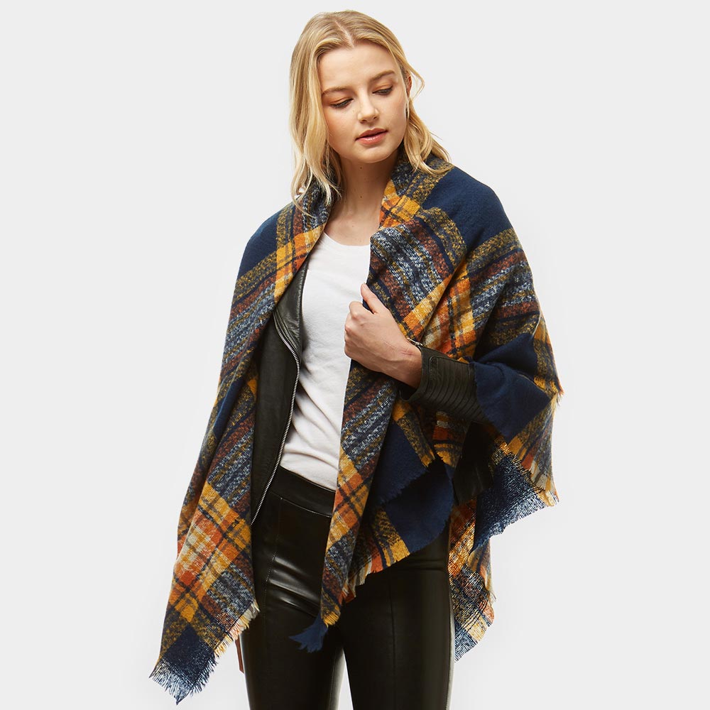 Navy and Mustard Yellow Plaid Blanket Scarf