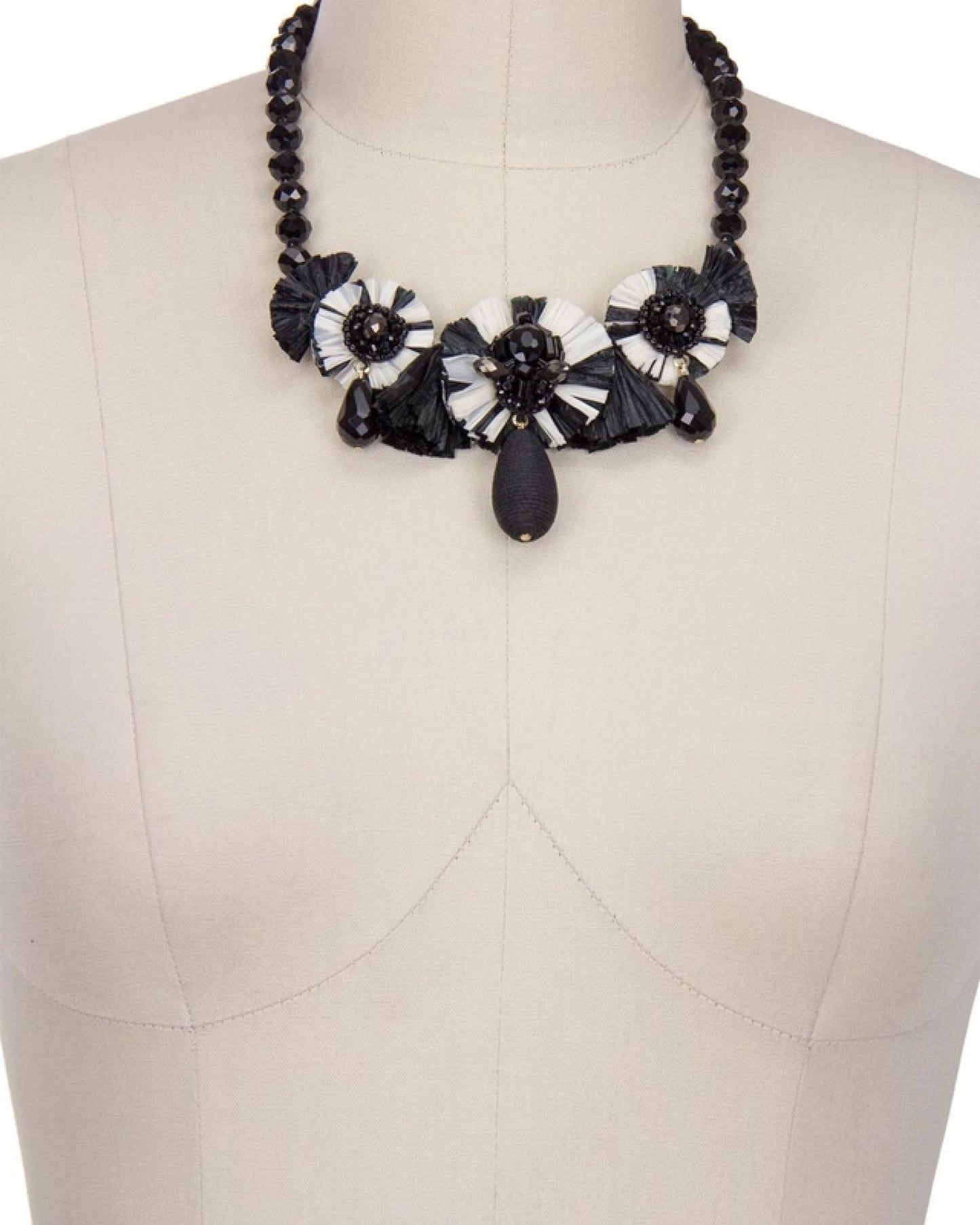 Black Beaded and Raffia Statement Necklace