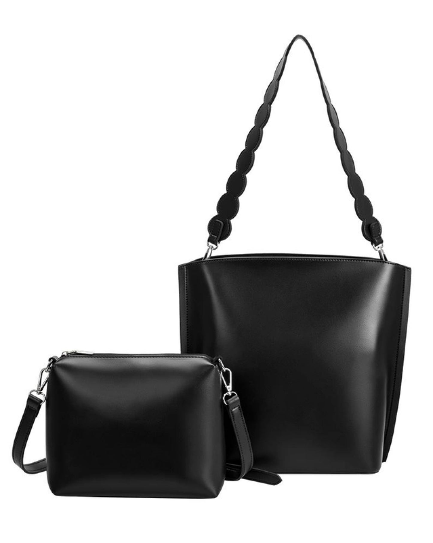 Madison Bucket Tote in Black with Lettuce Cut Strap