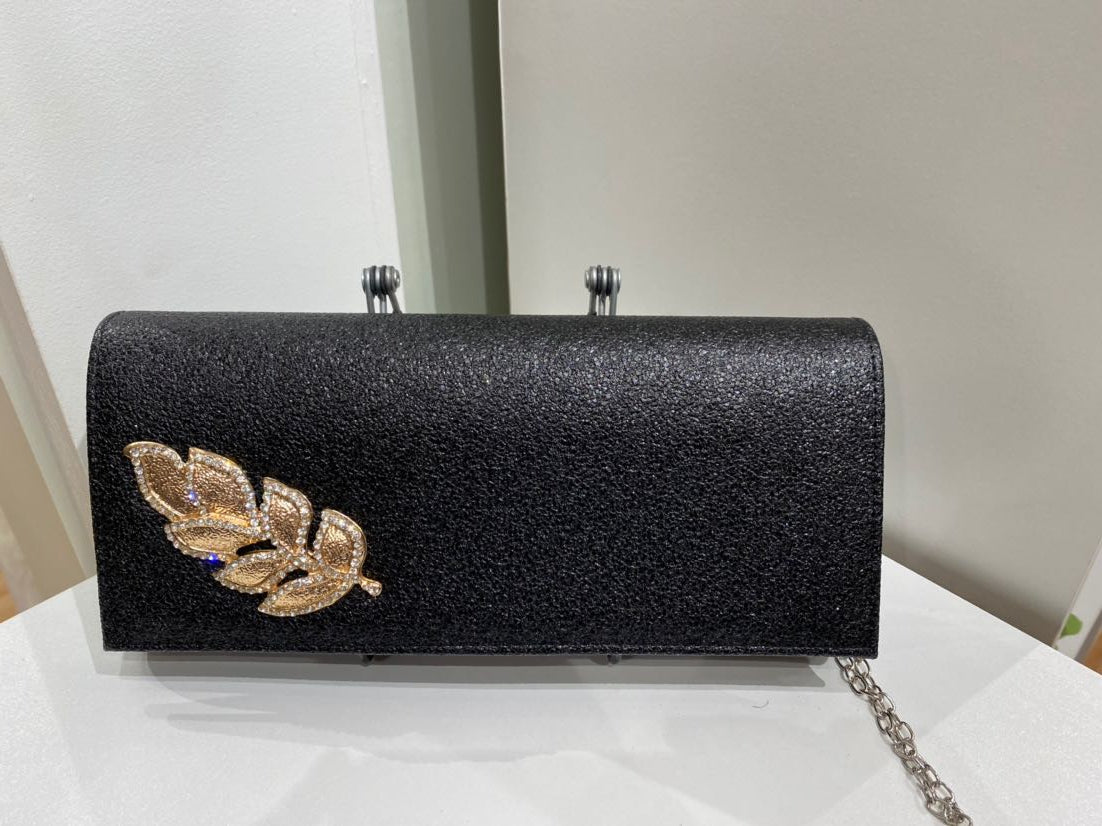 Black Sparkle with Leaf Applique Evening Bag