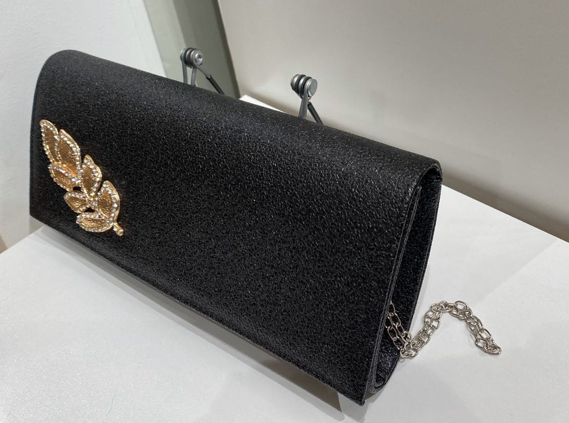 Black Sparkle with Leaf Applique Evening Bag