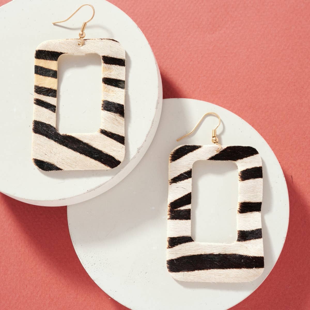 Zebra Leather Rectangle Throwback Earrings