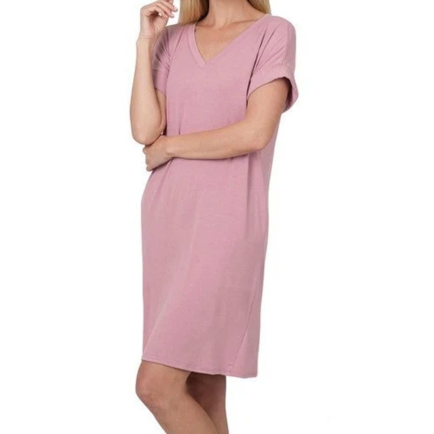 Powder Pink Roll Up Sleeve Dress with Pockets