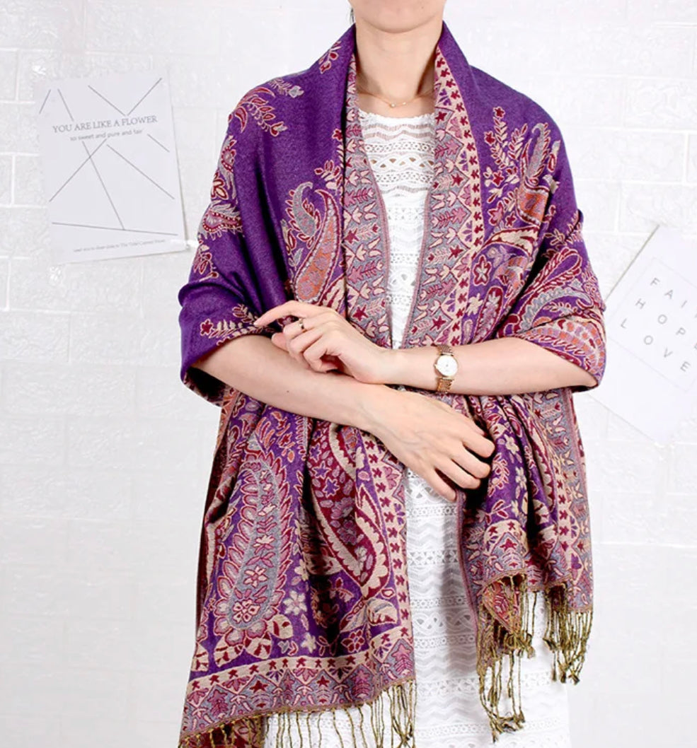 Purple Paisley Multicolored Pashmina Scarf (with gift box)