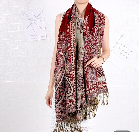 Wine Paisley Multicolored Pashmina Scarf (with gift box)