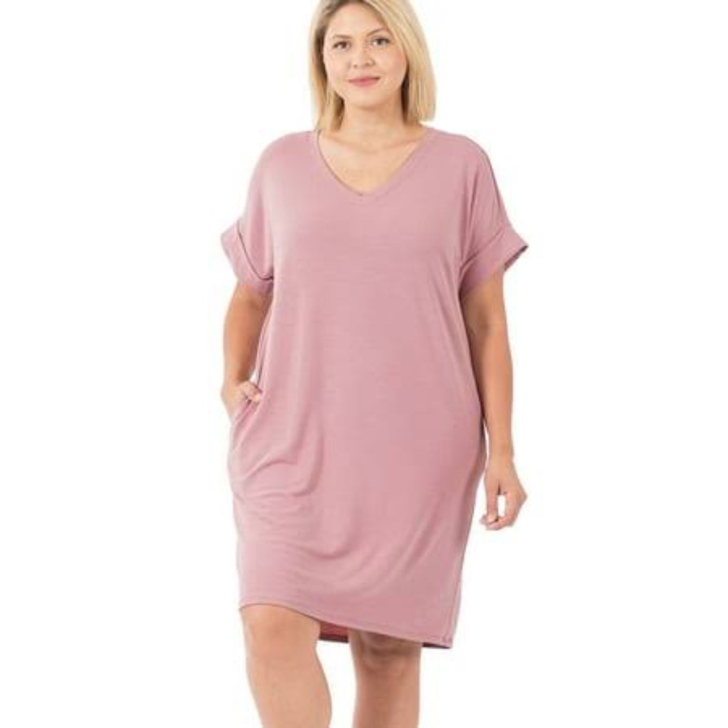 Powder Pink Roll Up Sleeve Dress with Pockets