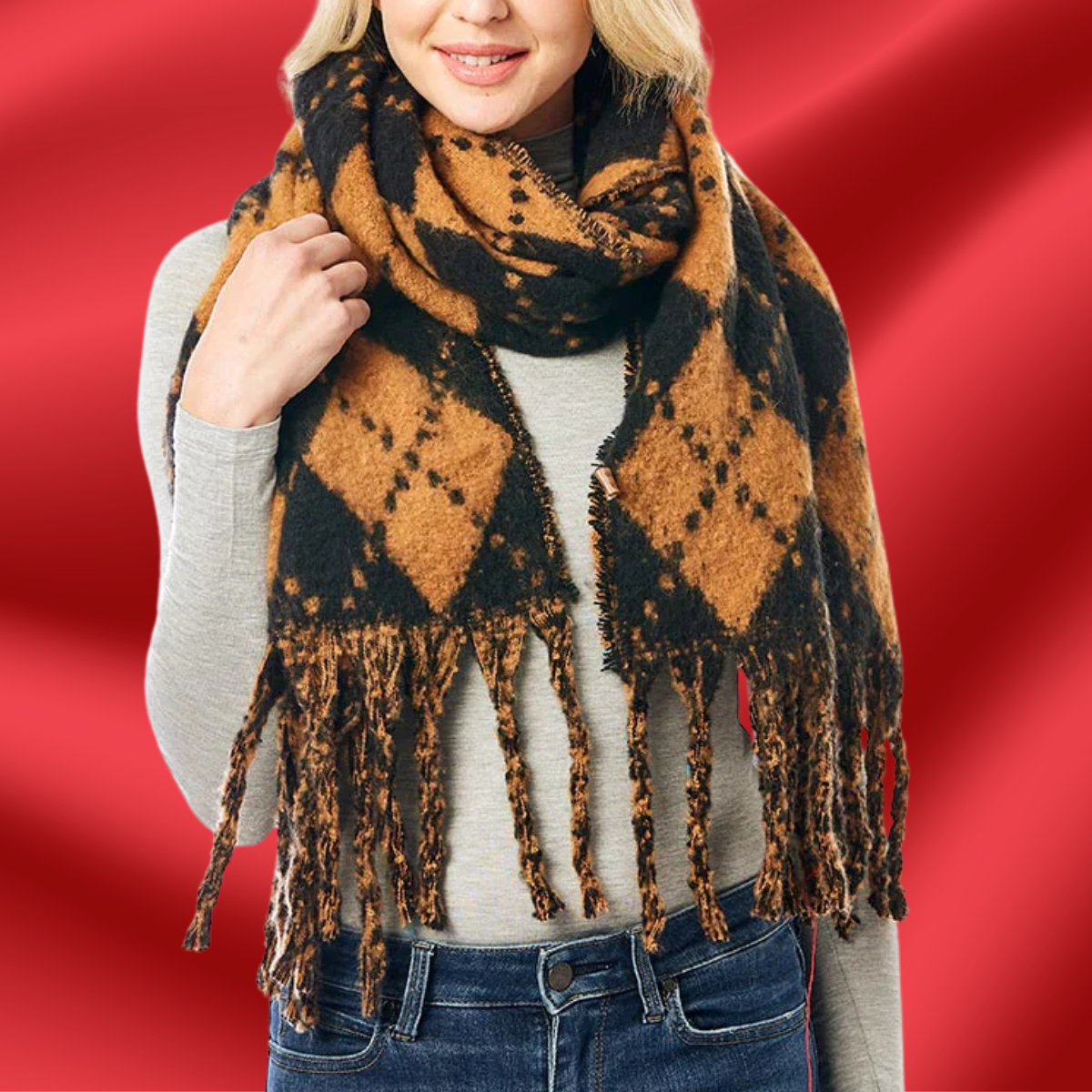 Camel and Black Argyle Fringed Blanket Scarf