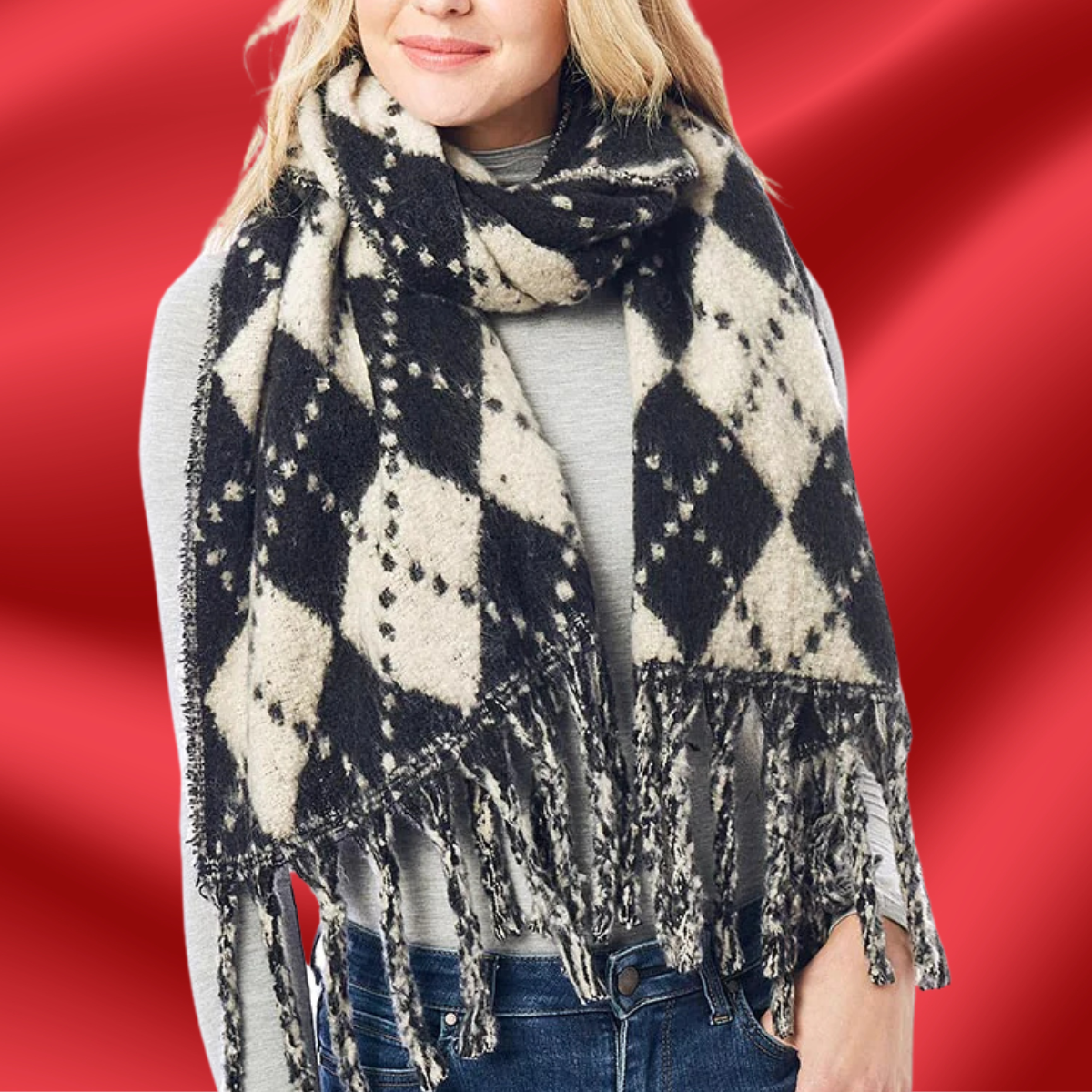 Black and Ivory Argyle Fringed Blanket Scarf