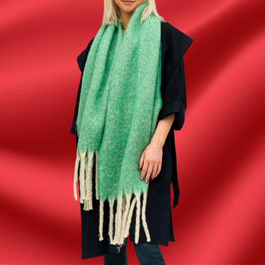 Green and Ivory Fringed Blanket Scarf