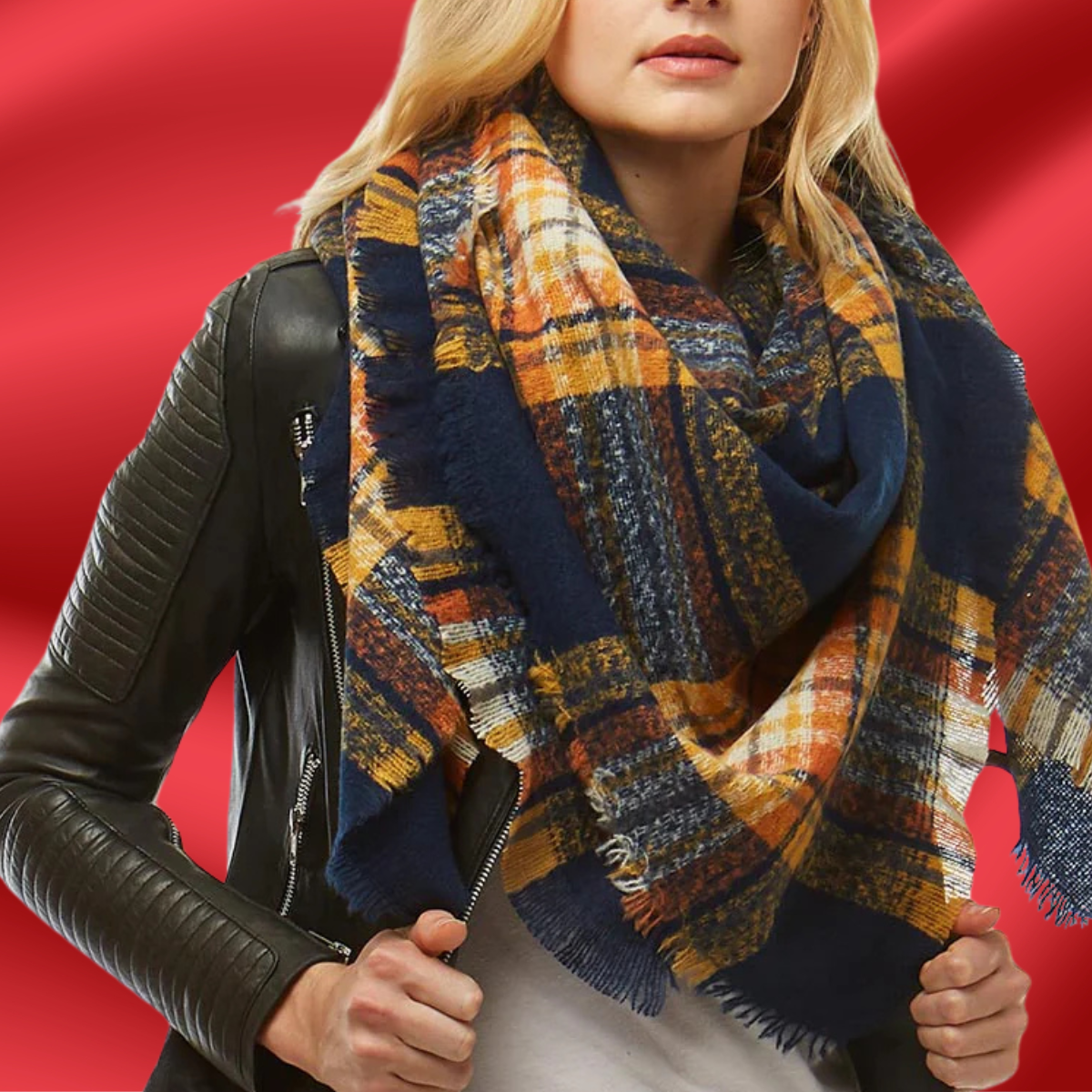 Navy and Mustard Yellow Plaid Blanket Scarf