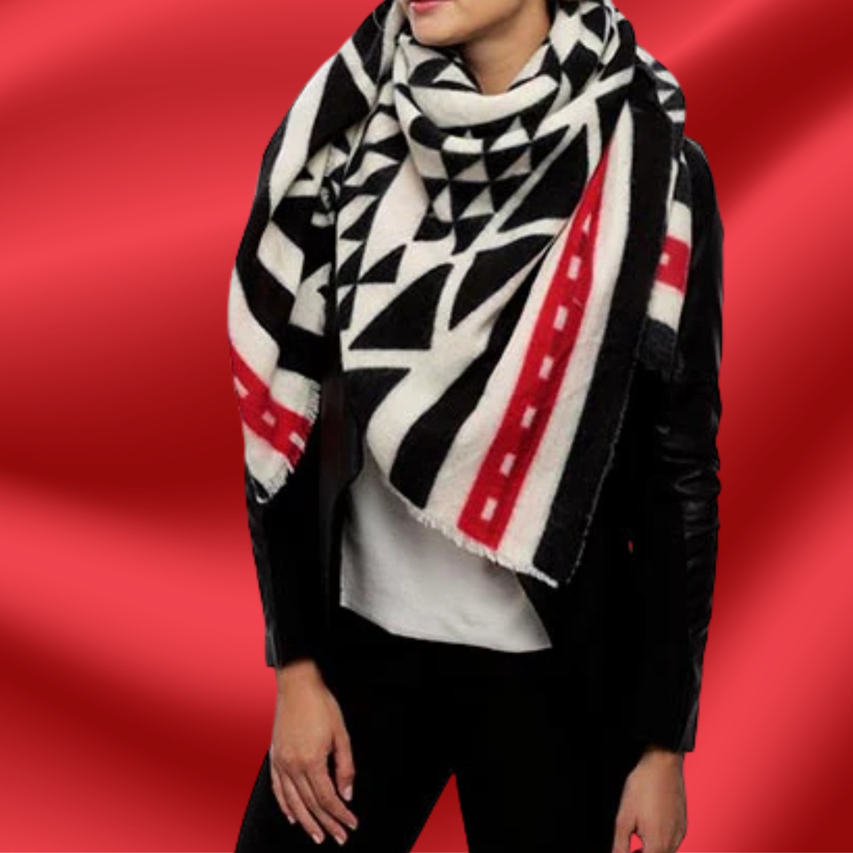 Black Red and Ivory Aztec Style Blanket Scarf