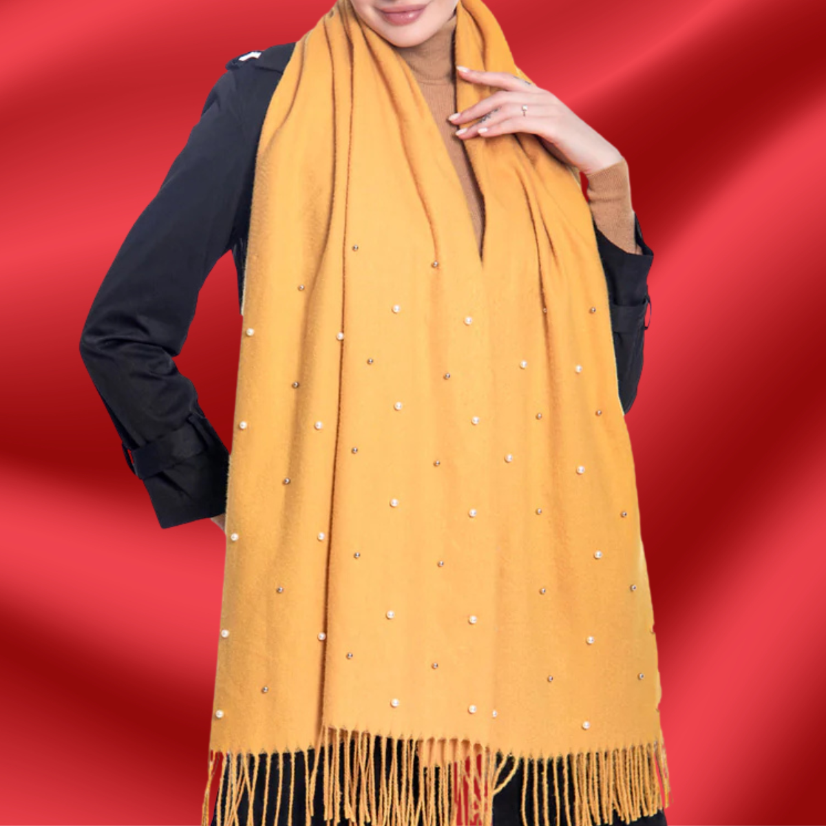 Pearl Embellished Mustard Yellow Scarf