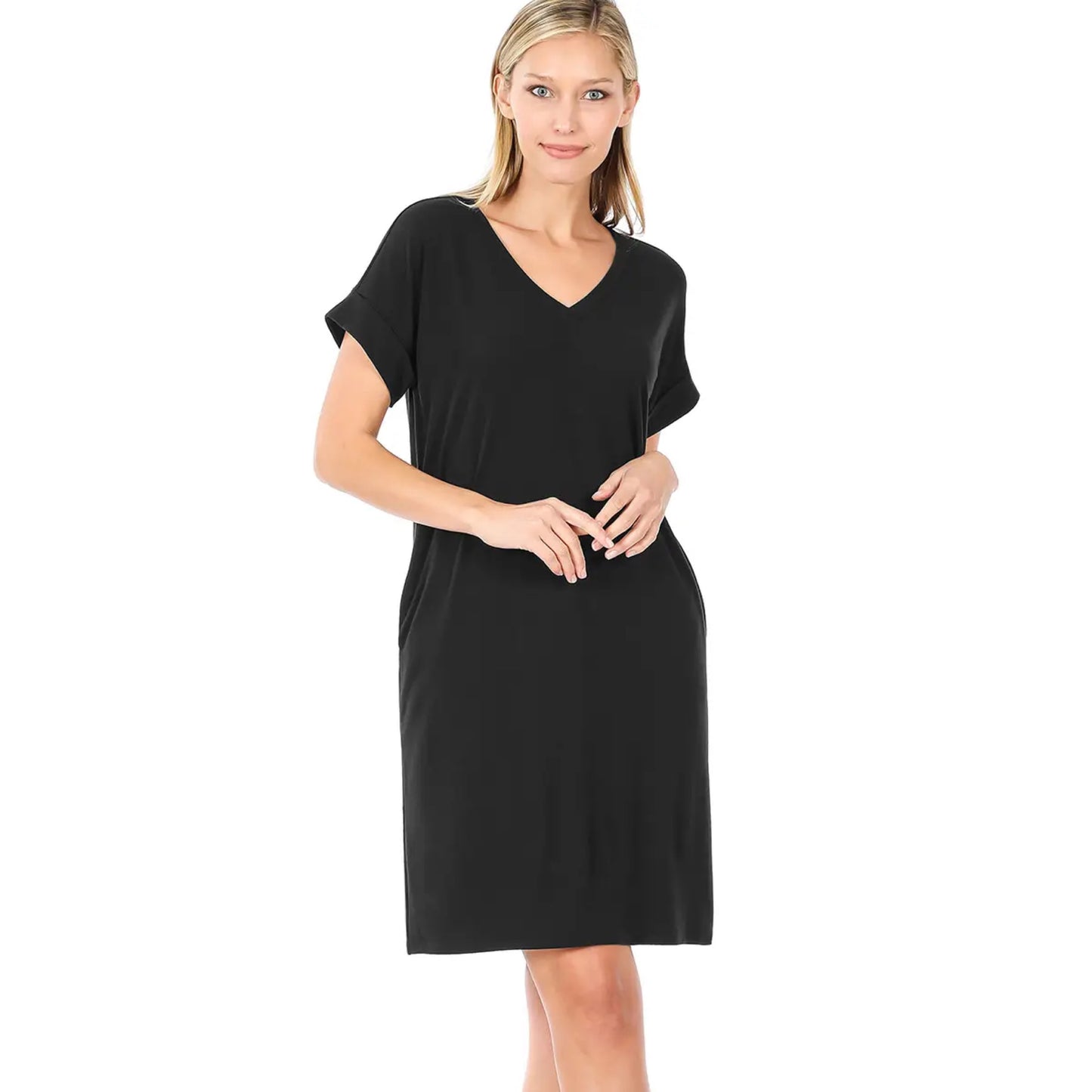 Black Roll Up Sleeve Dress with Pockets