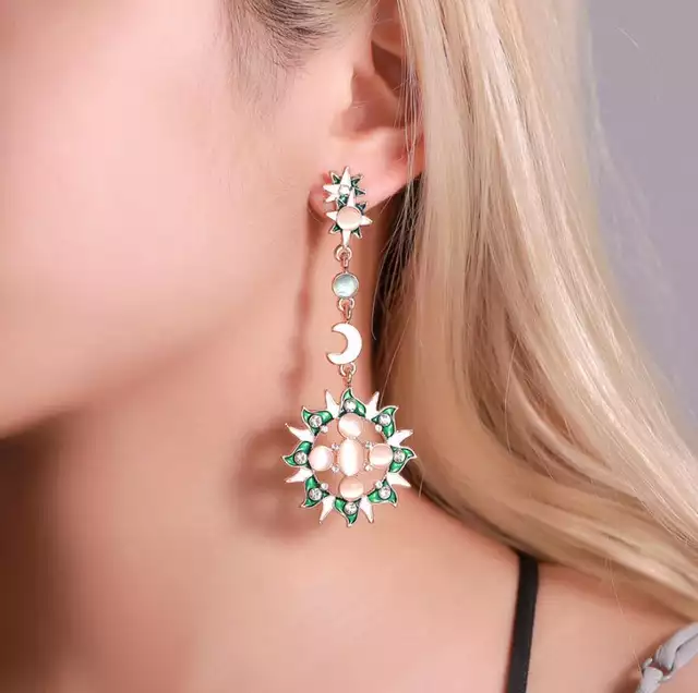 Sun Moon and Stars Green Gold and White Earrings