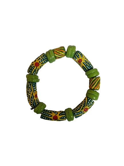 Green Yellow and Red Bella Africa Krobo Bead Stretch Bracelet