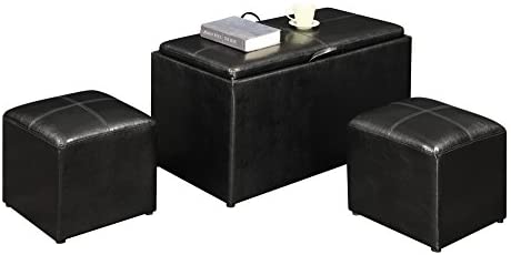 Convenience Concepts Designs4Comfort Sheridan Storage Bench w / 2 Side Ottomans, Black