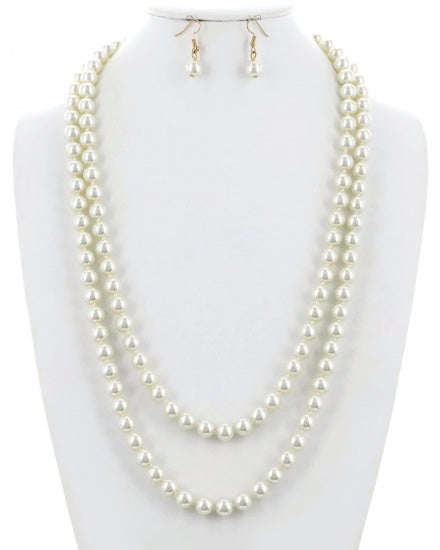 Double String Pearl Necklace and Earrings Set