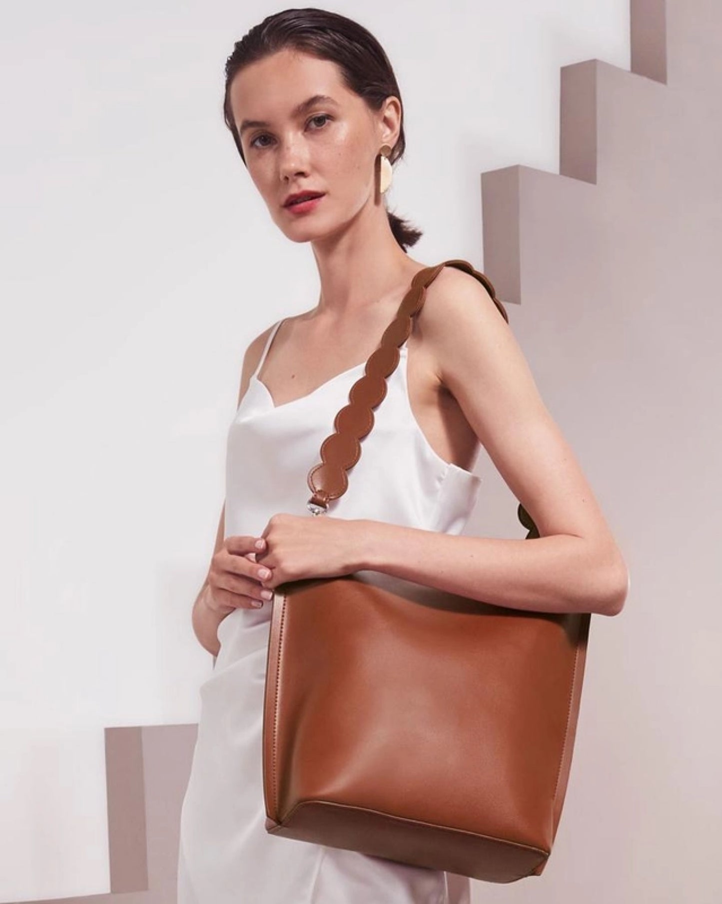 Madison Bucket Tote in Brown with Lettuce Cut Strap