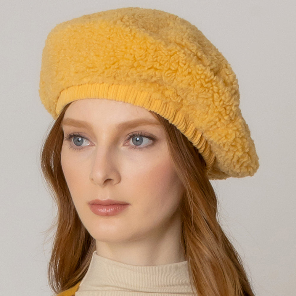 Stylish Mustard Yellow Sherpa Beret Hat