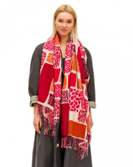 Abstract Fuchsia Pink and Red Plaid Fringe Scarf