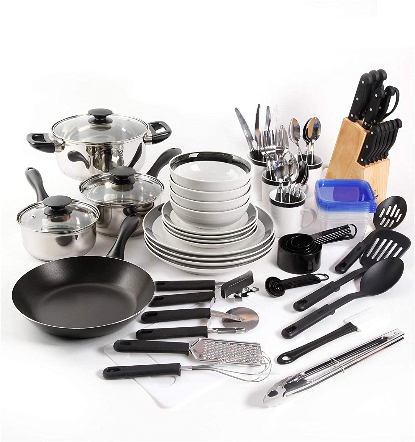 Large Kitchen Combo Set. This 83 piece kitshen starter set has everything you need. Stainless steel cookware, dinnerware, flatware, storage containers and gadgets for stirring, flipping and chopping.