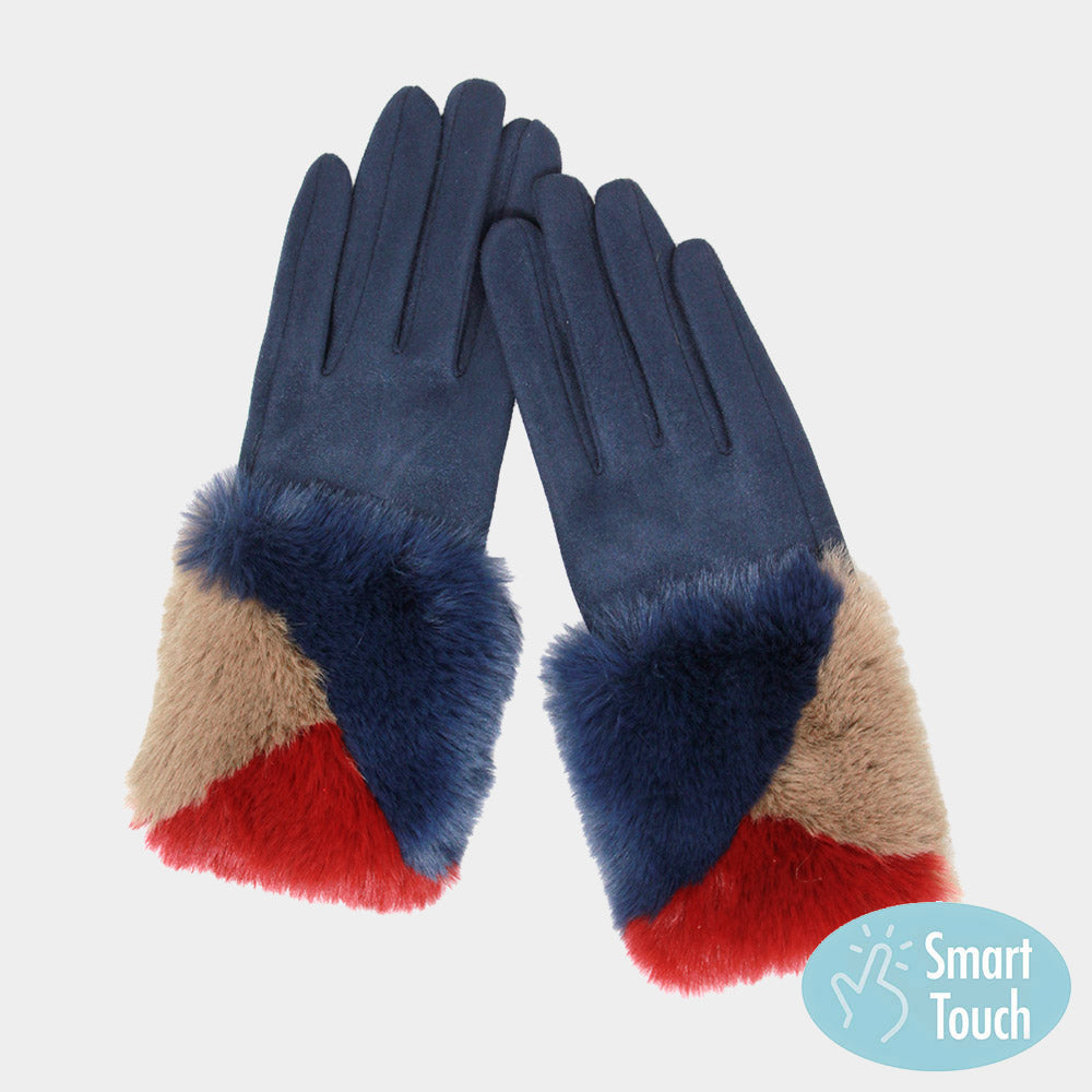 Touchscreen Faux Fur Trimmed Navy Gloves