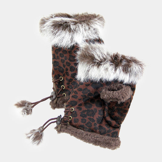 Leopard Brown Faux Fur Trimmed Fingerless Knit Gloves