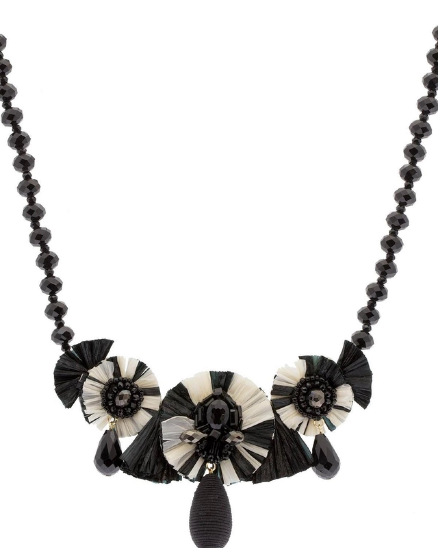 Black Beaded and Raffia Statement Necklace