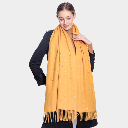 Pearl Embellished Mustard Yellow Scarf