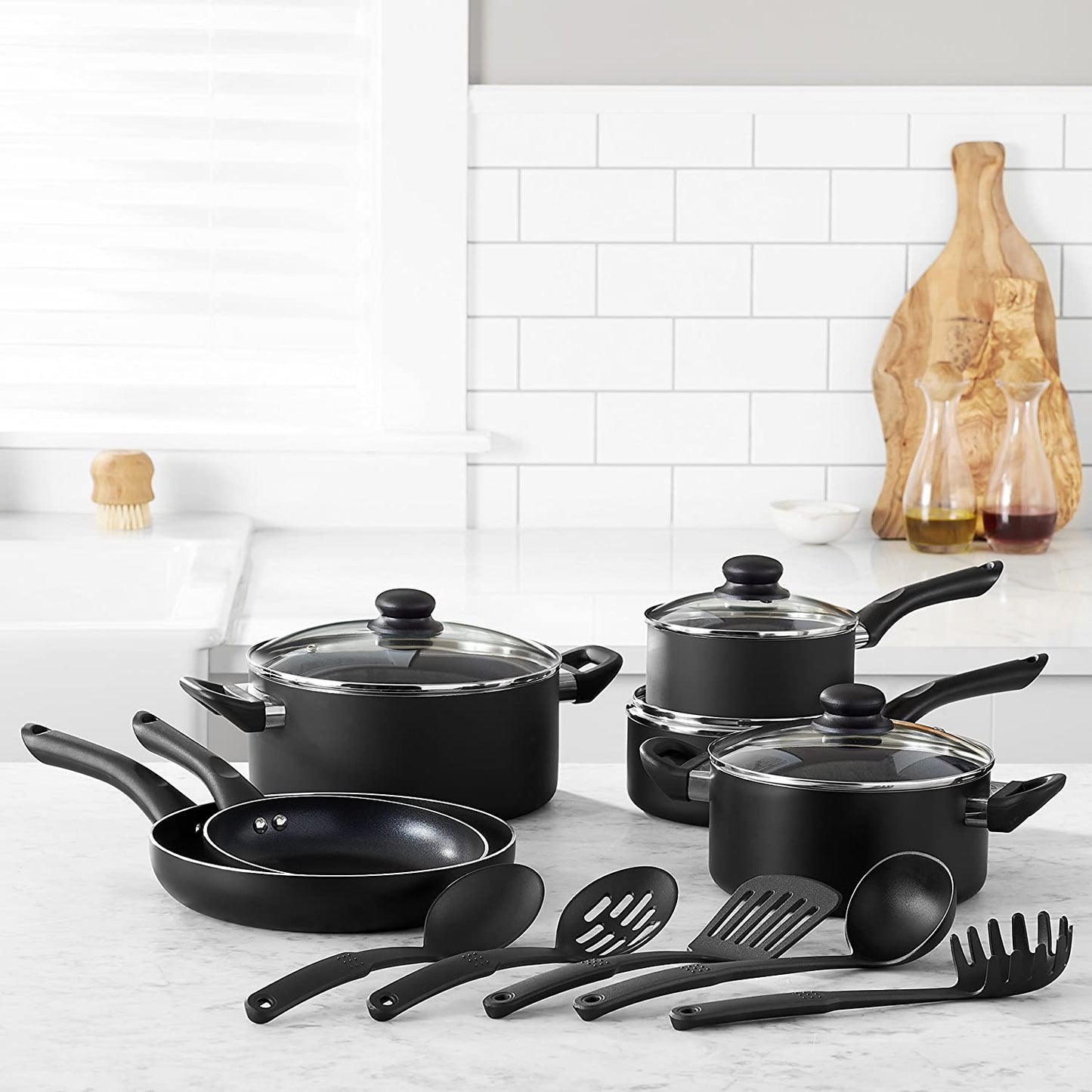 Basics Non-Stick Cookware 15-Piece Set, Pots, Pans and Utensils,  Black