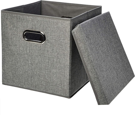 AmazonBasics Foldable Burlap Cloth Cube Storage Bin with Lid, Set of 2