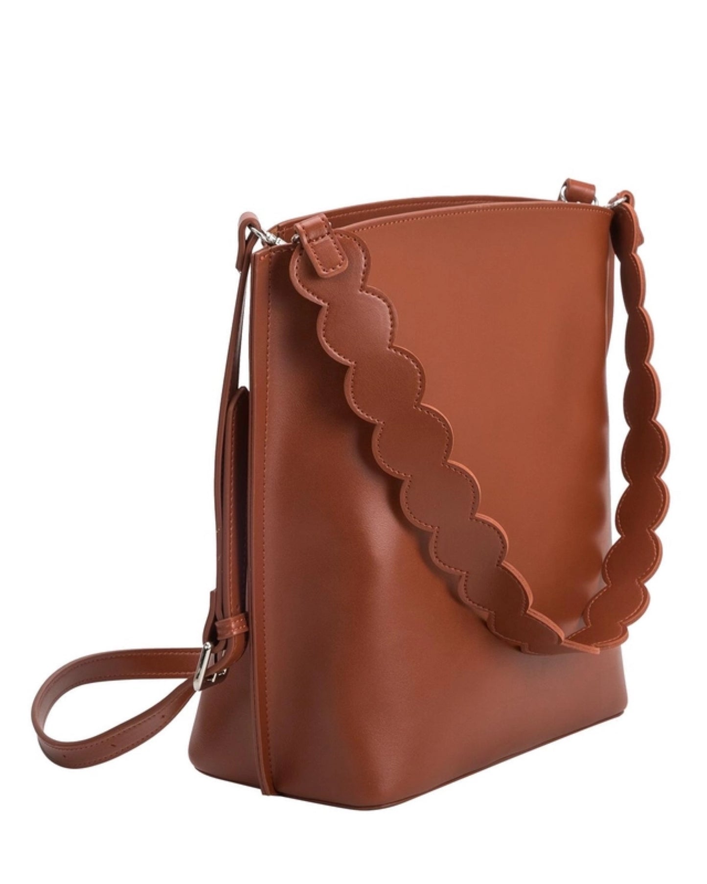 Madison Bucket Tote in Brown with Lettuce Cut Strap