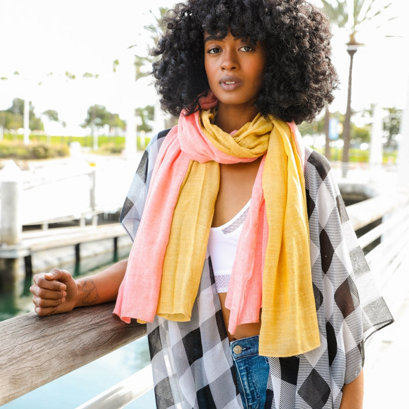 Color Blocked Spring Scarf - Mustard Yellow and Coral