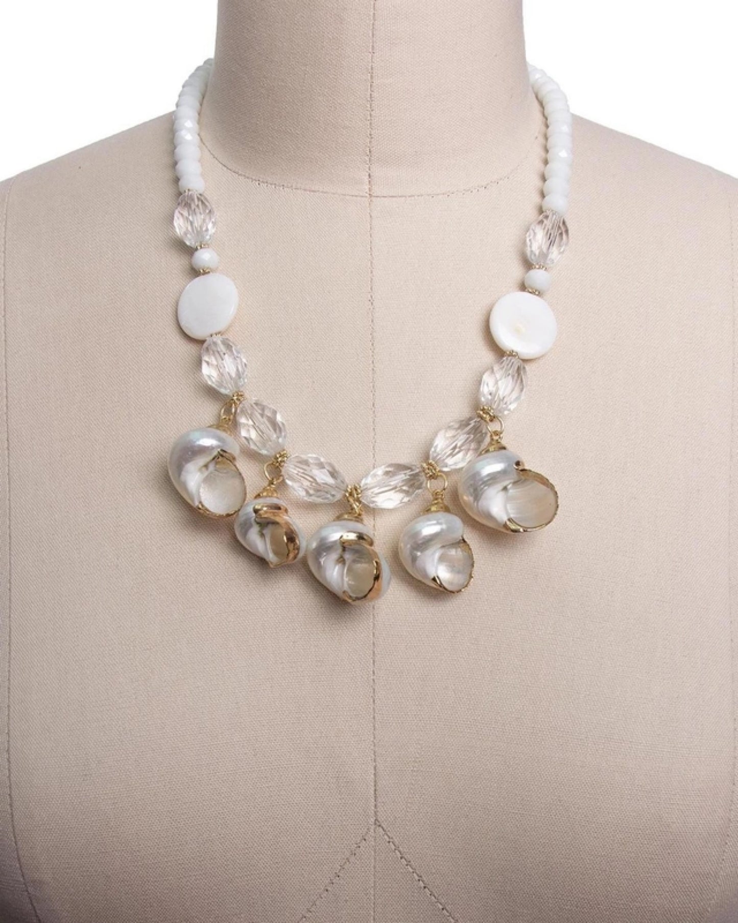 Beige Glass and Shell Beaded Statement Necklace