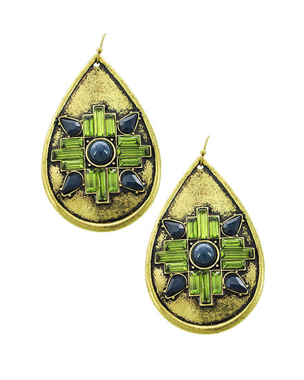 Baroque Style Green and Burnished Gold Dangling Statement Earrings