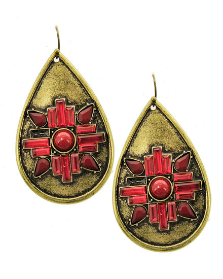 Baroque Style Red and Burnished Gold Dangling Statement Earrings