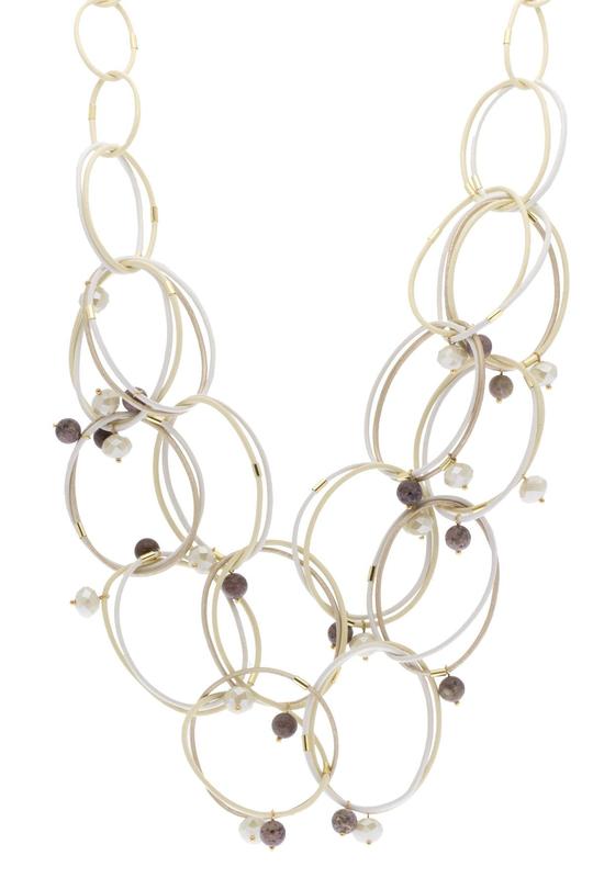 Bead Stone and Brass Ivory Hoop Drop Necklace