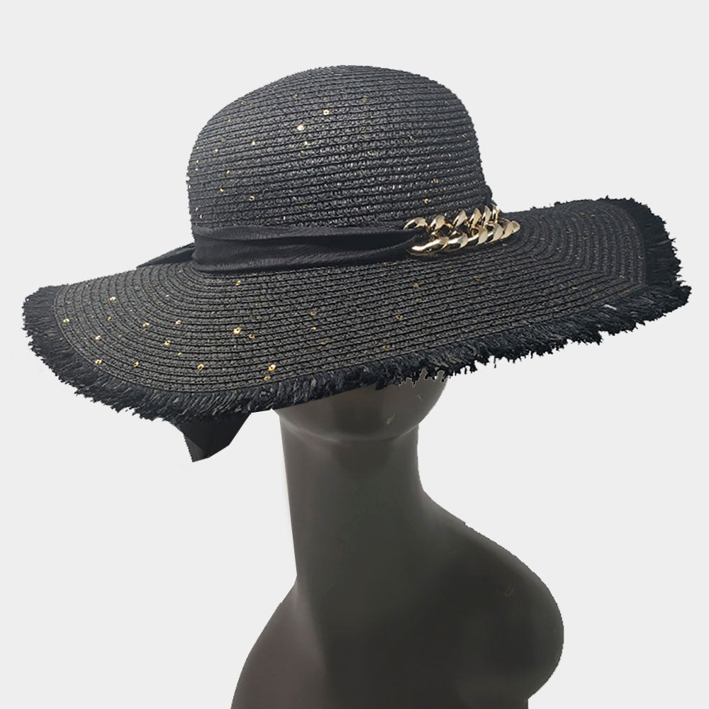 Black Frayed Edge Chain Embellished Summer Beach Hat