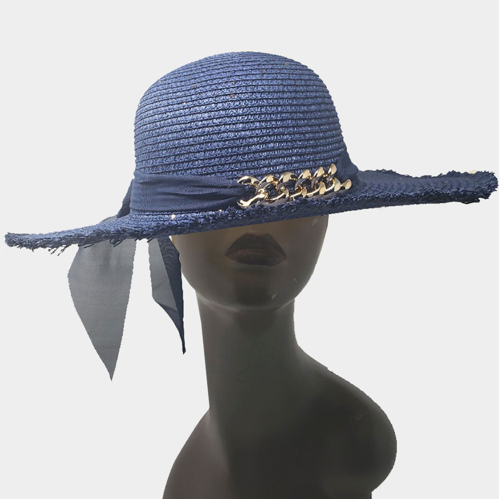 Blue Frayed Edge Chain Embellished Summer Beach Hat