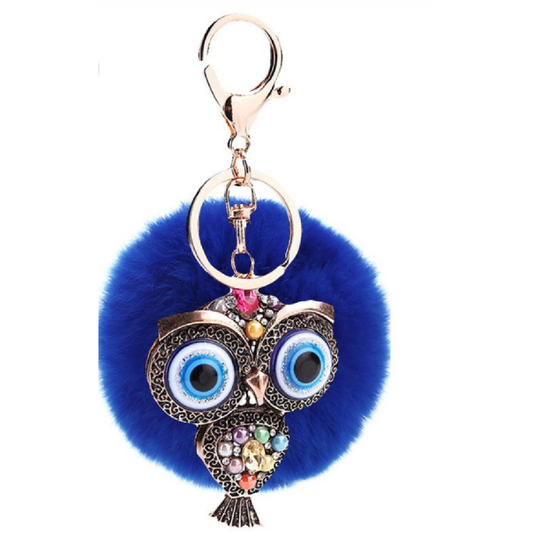 Fur and Rhinestone Owl Key Chain- Blue